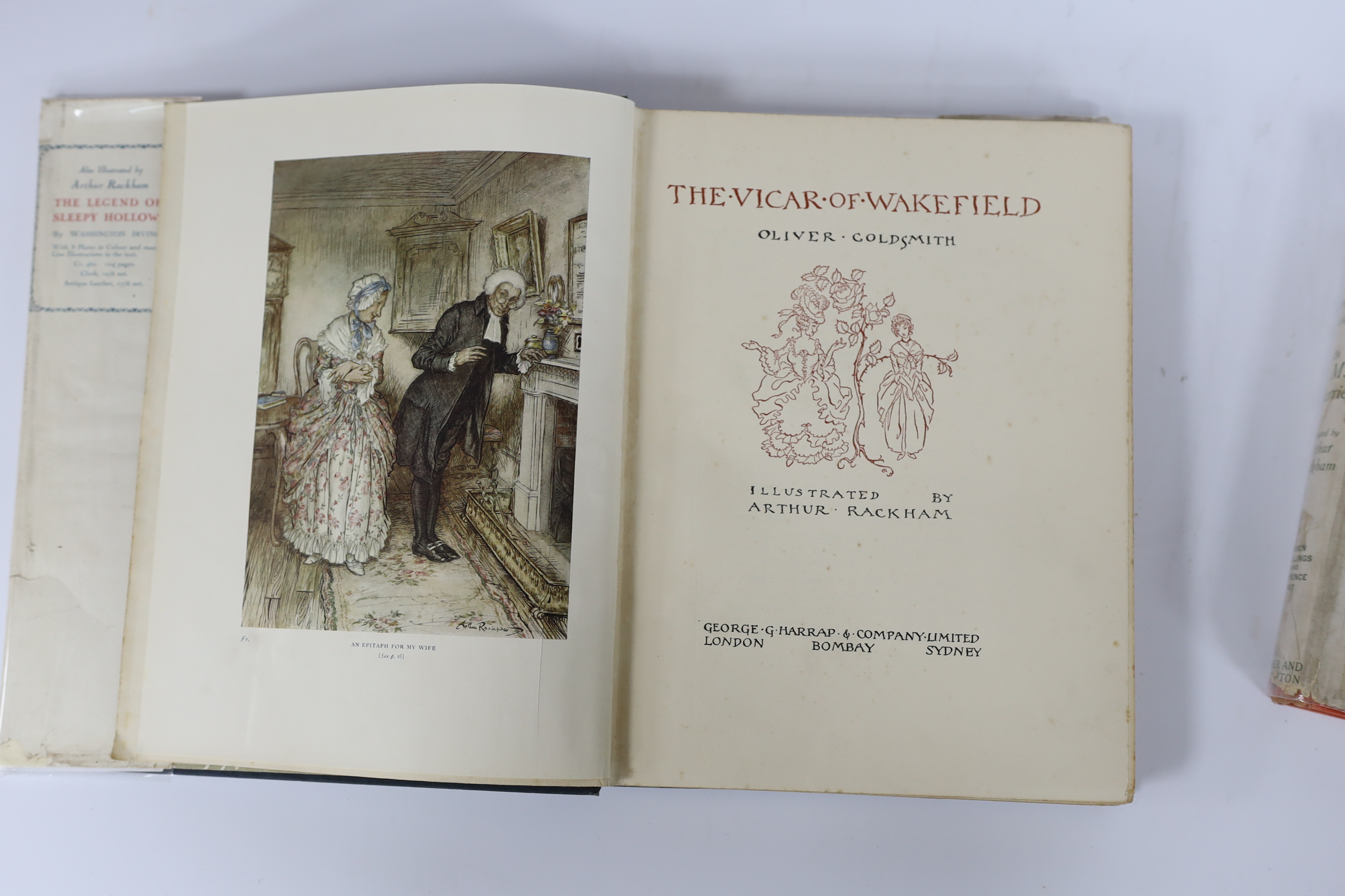 Rackham, Arthur (illustrator) - Eight works - Goldsmith, Oliver- The Vicar of Wakefield, 1st edition,4to, cloth gilt with torn d/j, school prize inscription to half title, 1929